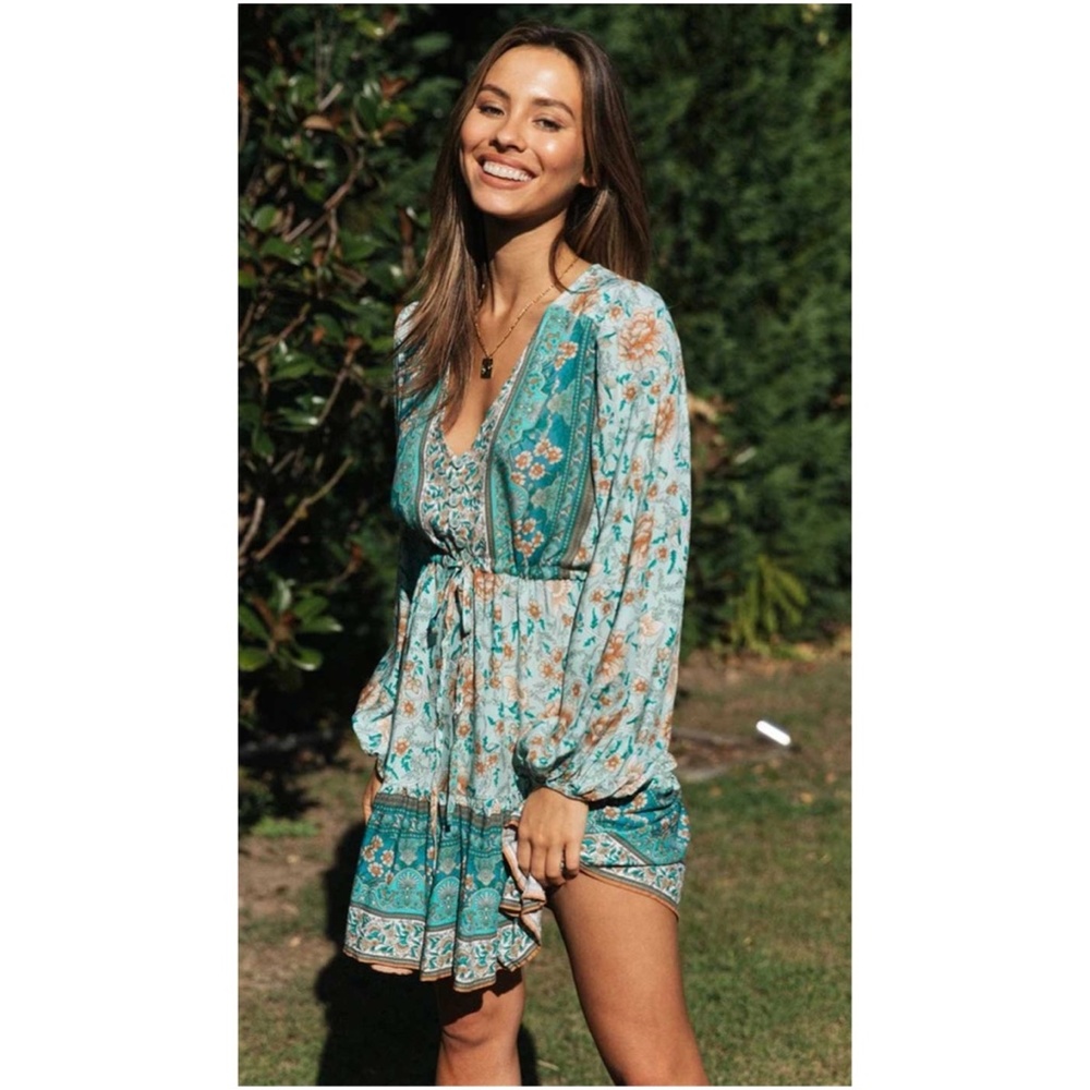 Boho Hippie Gypsy Floral print pink ruffle dress - Picture 14 of 16